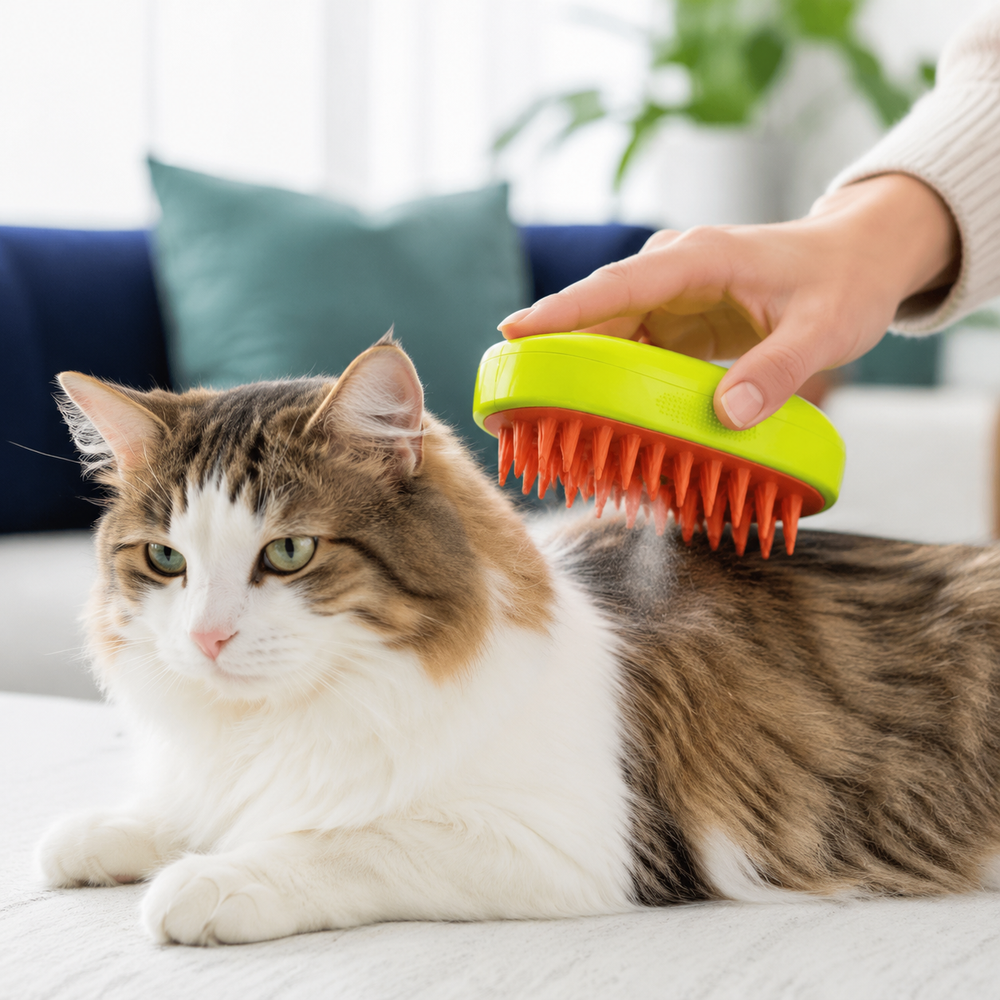 Escova Pet a Vapor 3 em 1 sendo usada em um gato