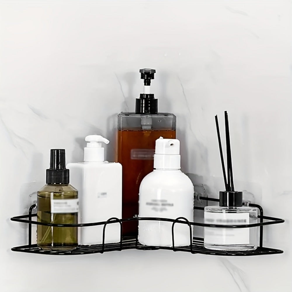 Organizador de canto para banheiro Shower Caddy instalado com produtos de banho